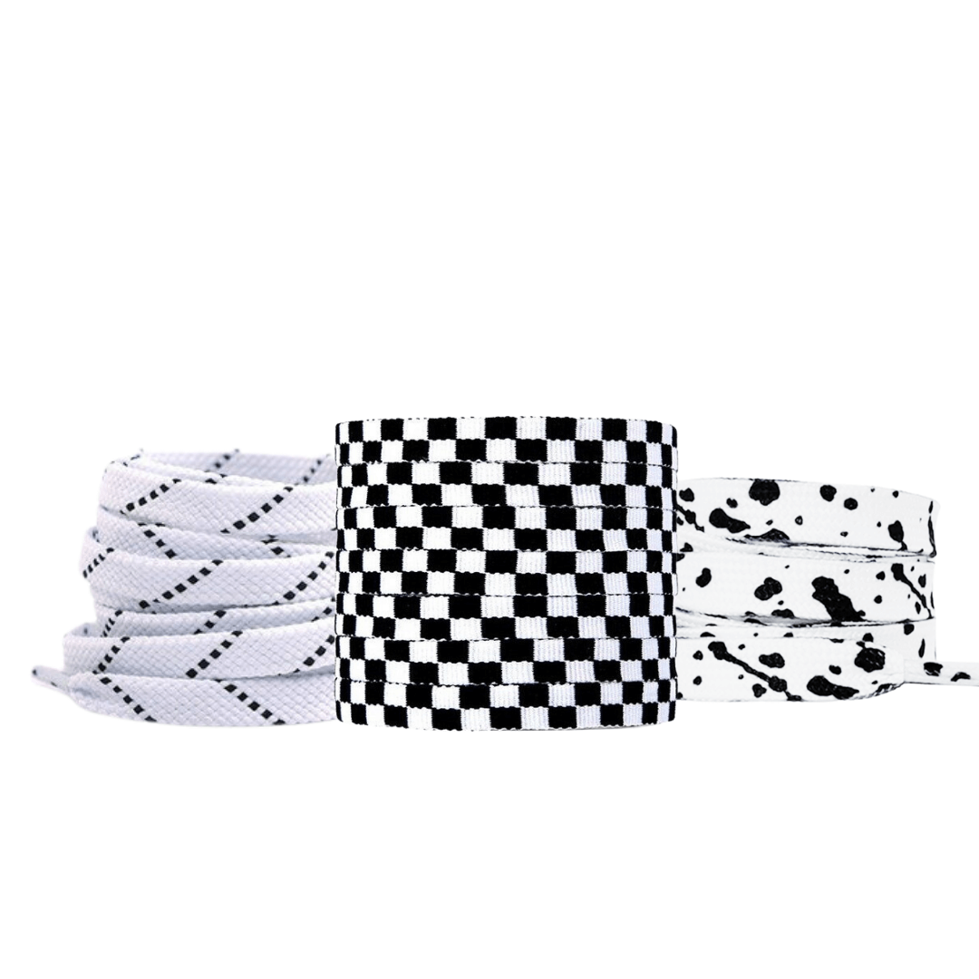 3 pack of laces that have a black and white design