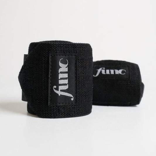 Black weightlifting wrist wraps with 'func' branding on a white background