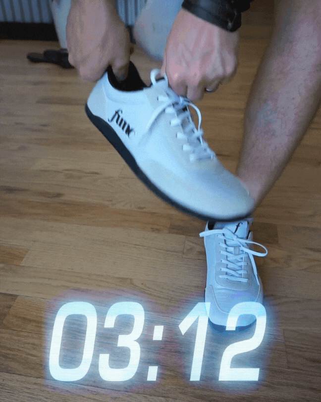 Demonstration of the ease and speed of putting on Func Shoes with stretchy laces